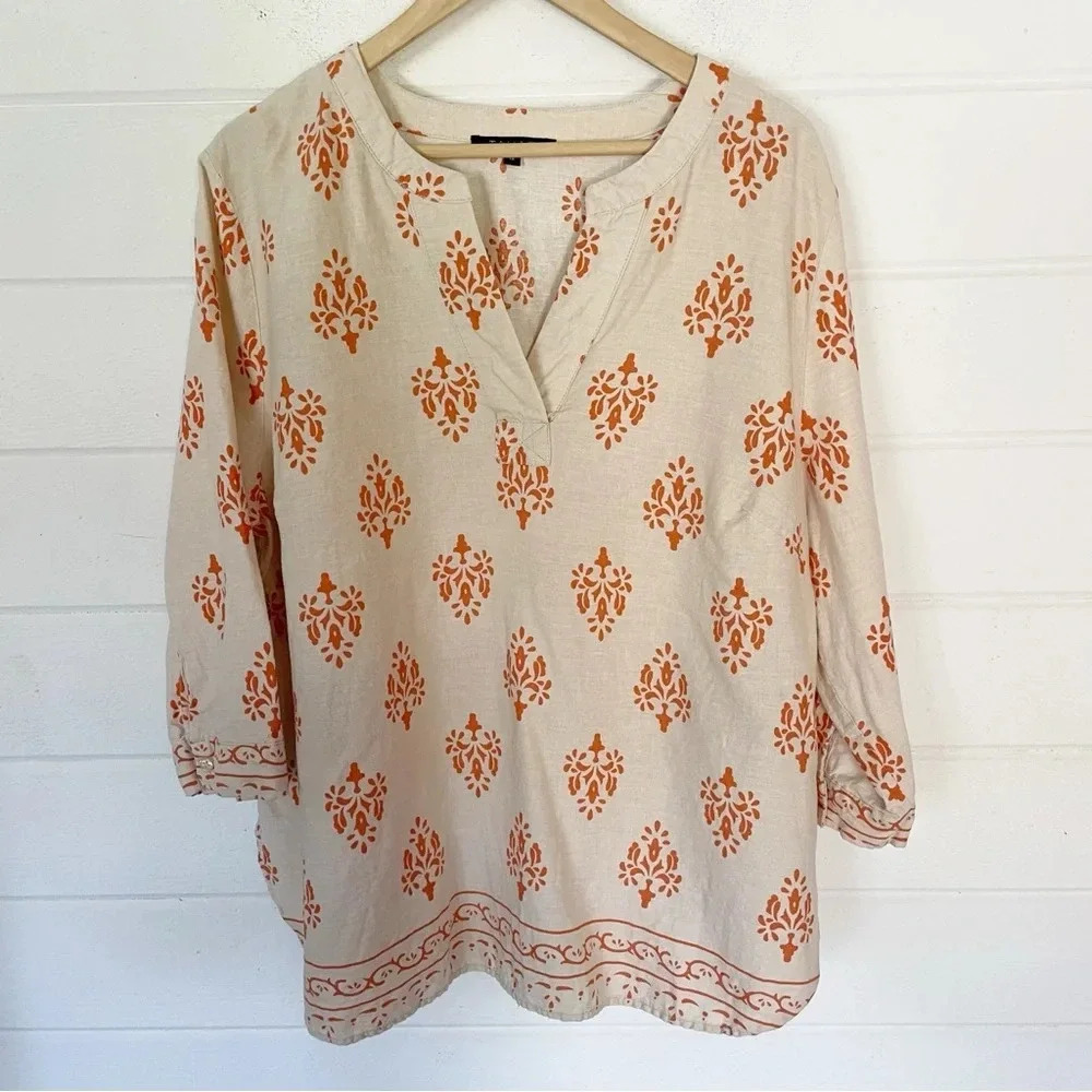 EUC Tahari Floral Linen Blend Beige Orange Top Blouse Size 1X